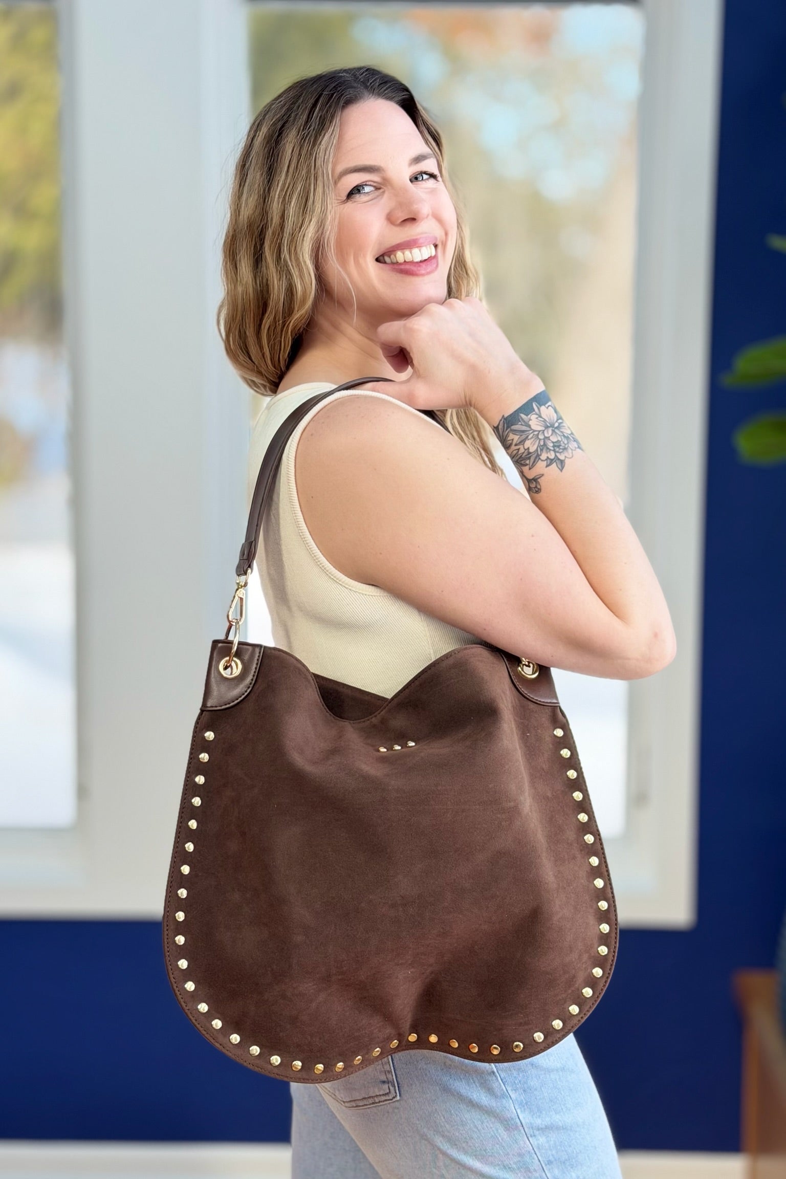 Rosalie Rivet Suede Hobo Bag - Chocolate