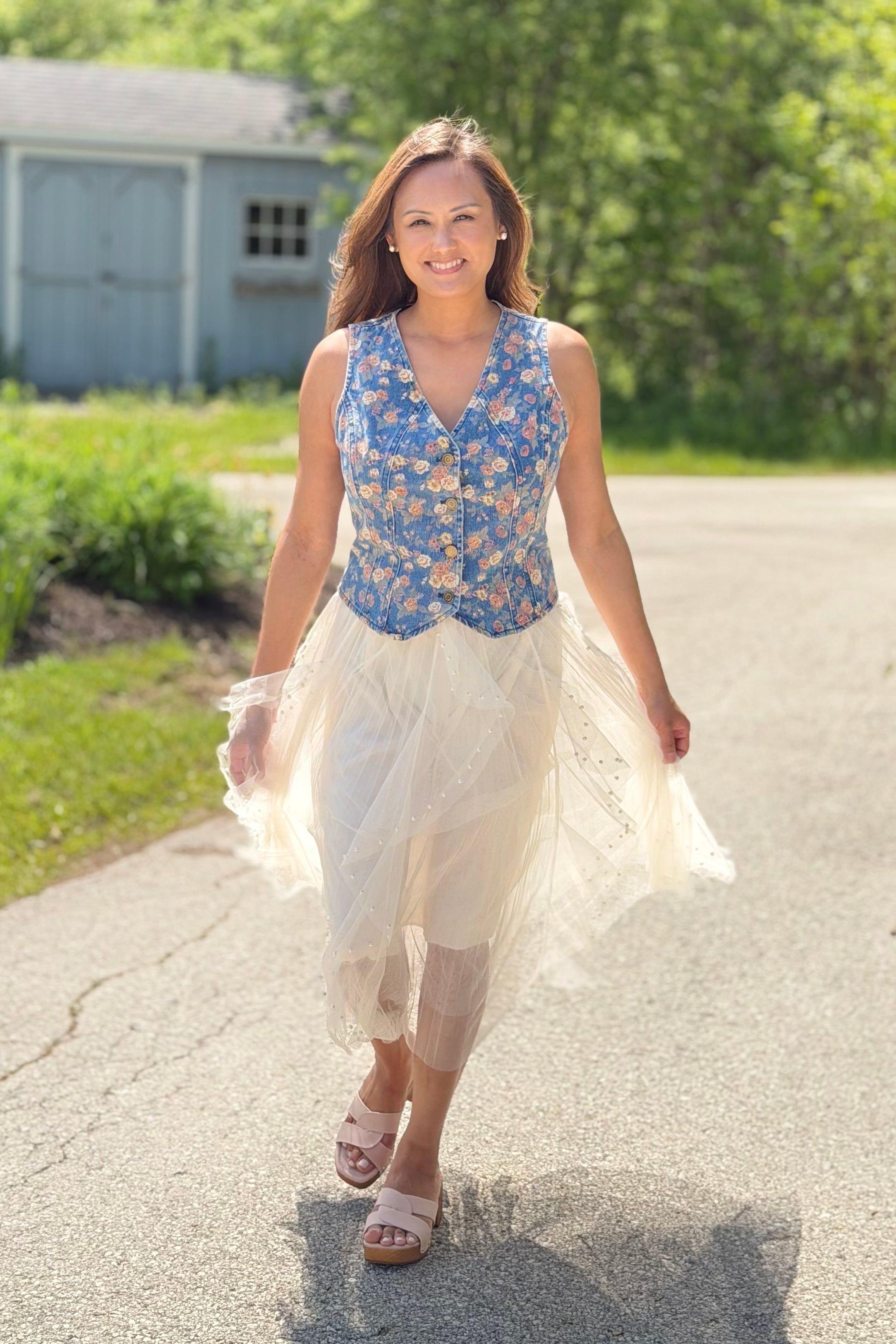 Ditsy Flower Printed Denim Vest