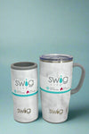 An image of a Swig mugs in a black and white marble pattern. It is insulated, with a stainless steel body and a spill-resistant lid.