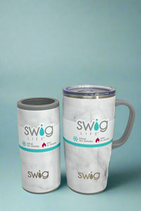 An image of a Swig mugs in a black and white marble pattern. It is insulated, with a stainless steel body and a spill-resistant lid.