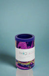 An image of a Swig can cooler featuring a purple marble pattern. It is insulated, with a stainless steel body and a spill-resistant lid.