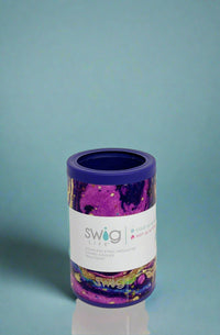 An image of a Swig can cooler featuring a purple marble pattern. It is insulated, with a stainless steel body and a spill-resistant lid.