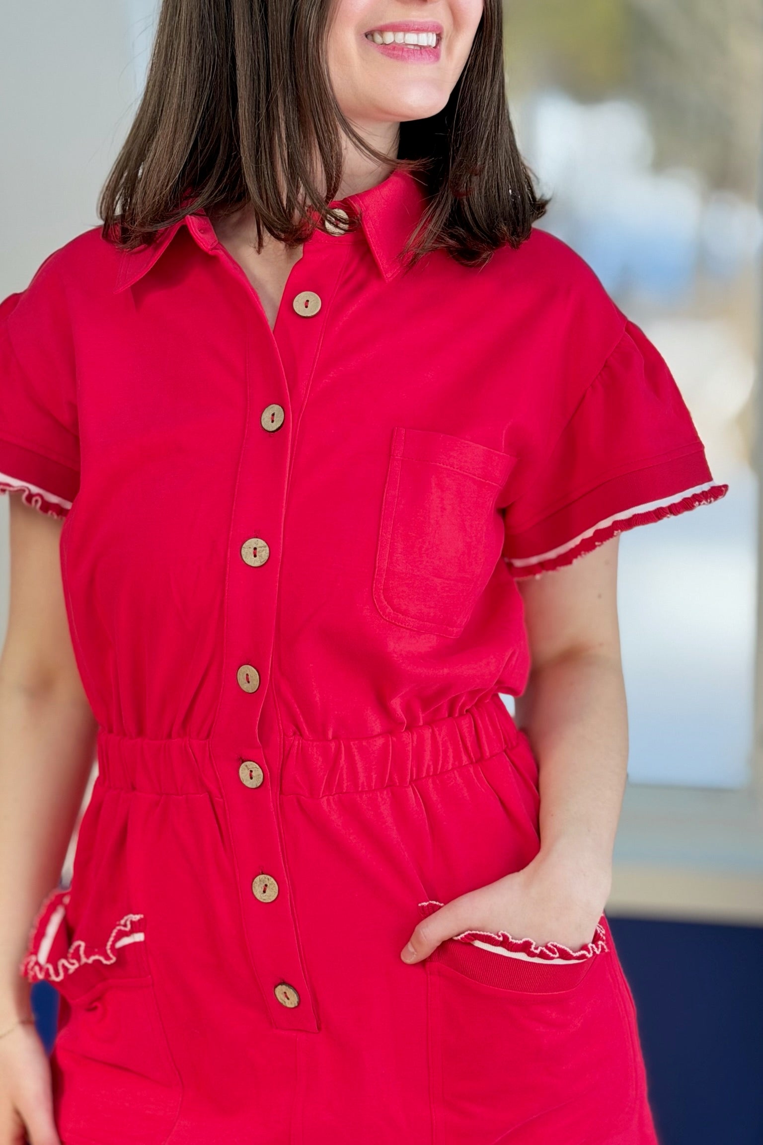 Button Down Ruffle Dress/Skort - Red