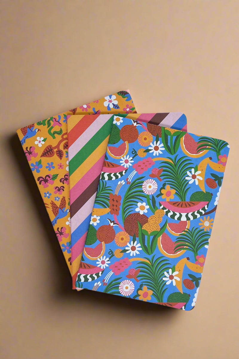 A set of  lined notebooks. Covers are brightly colored with fun patterns.