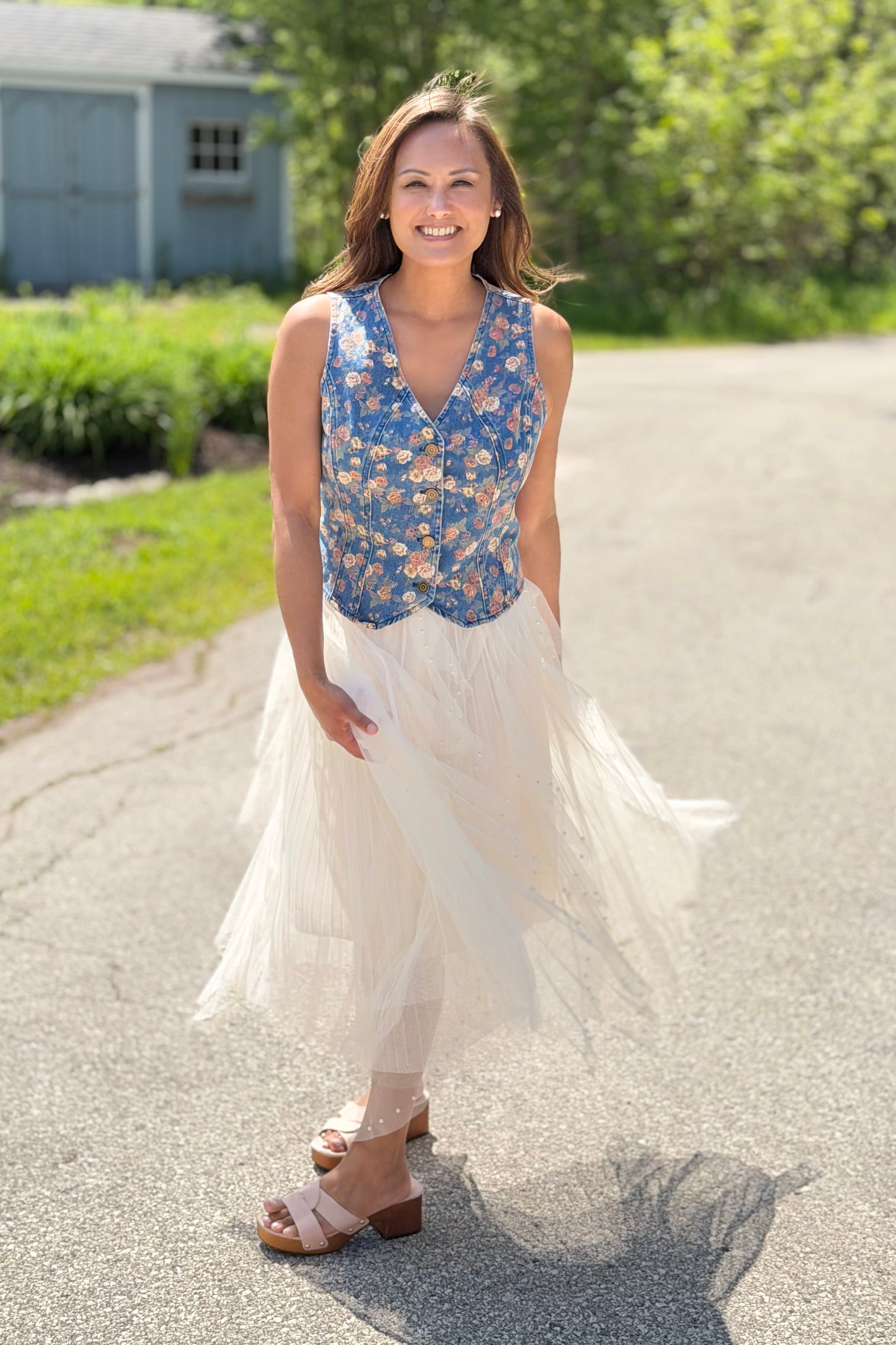 Beaded Pleated Mesh Skirt - Apricot