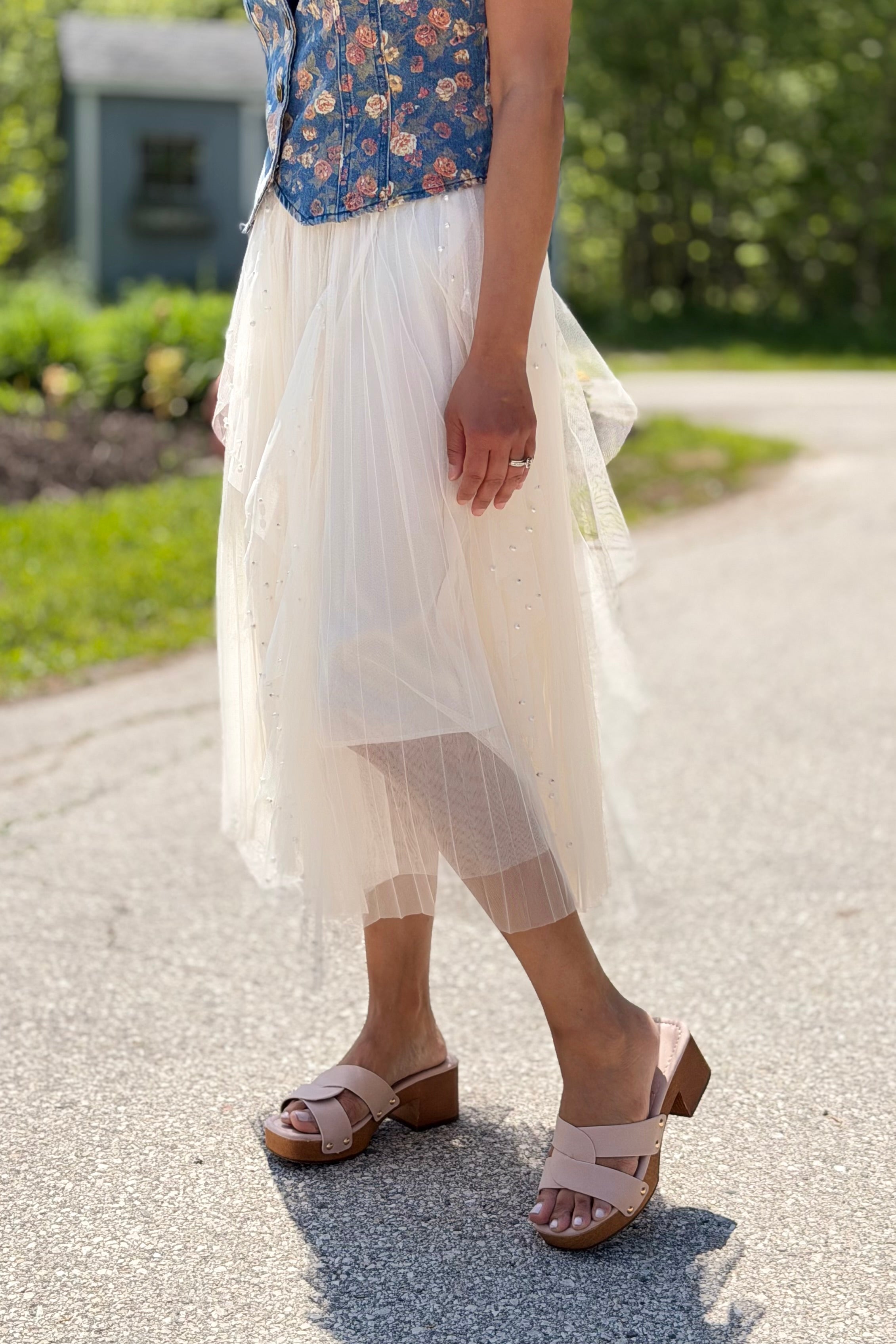 Beaded Pleated Mesh Skirt - Apricot