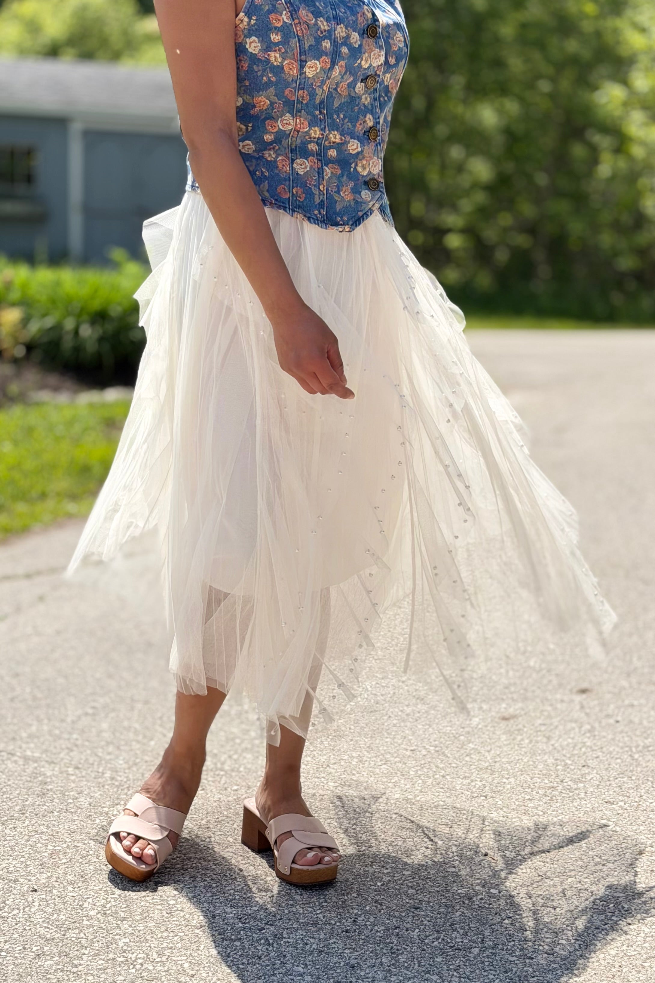 Beaded Pleated Mesh Skirt - Apricot