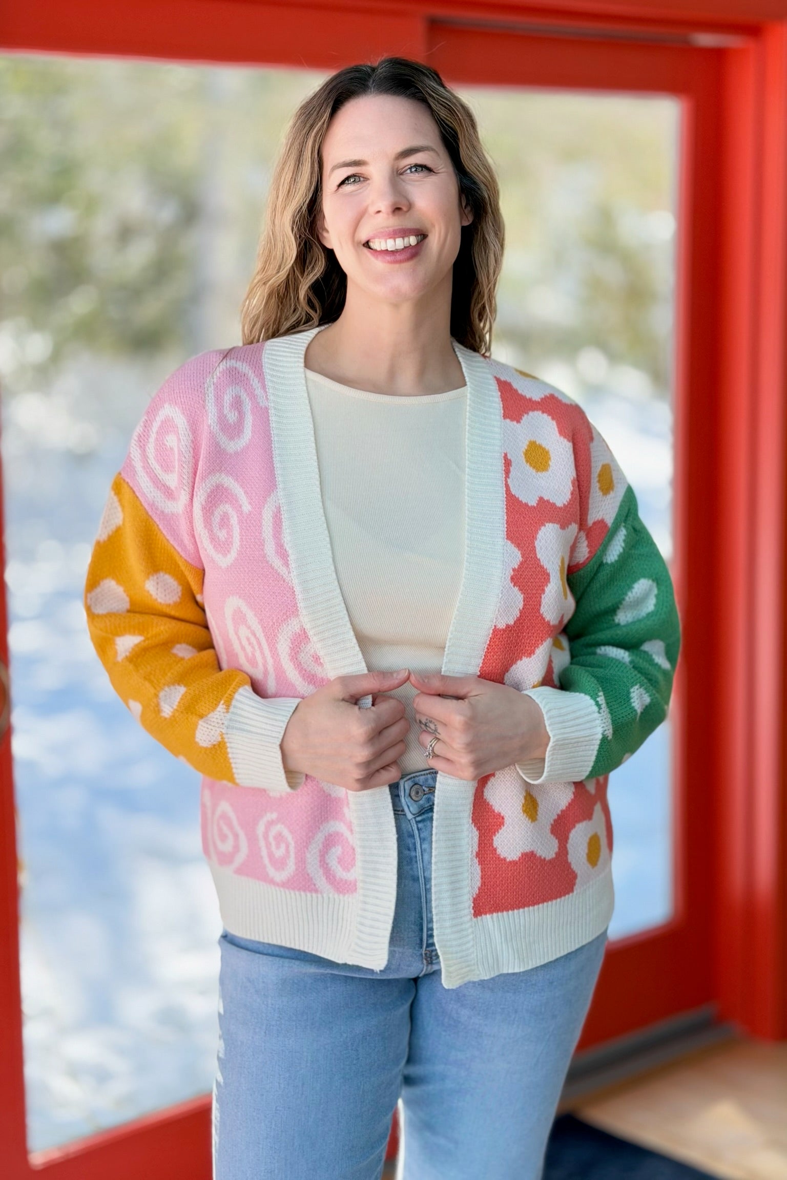 Abstract Open Cardigan Sweater - White