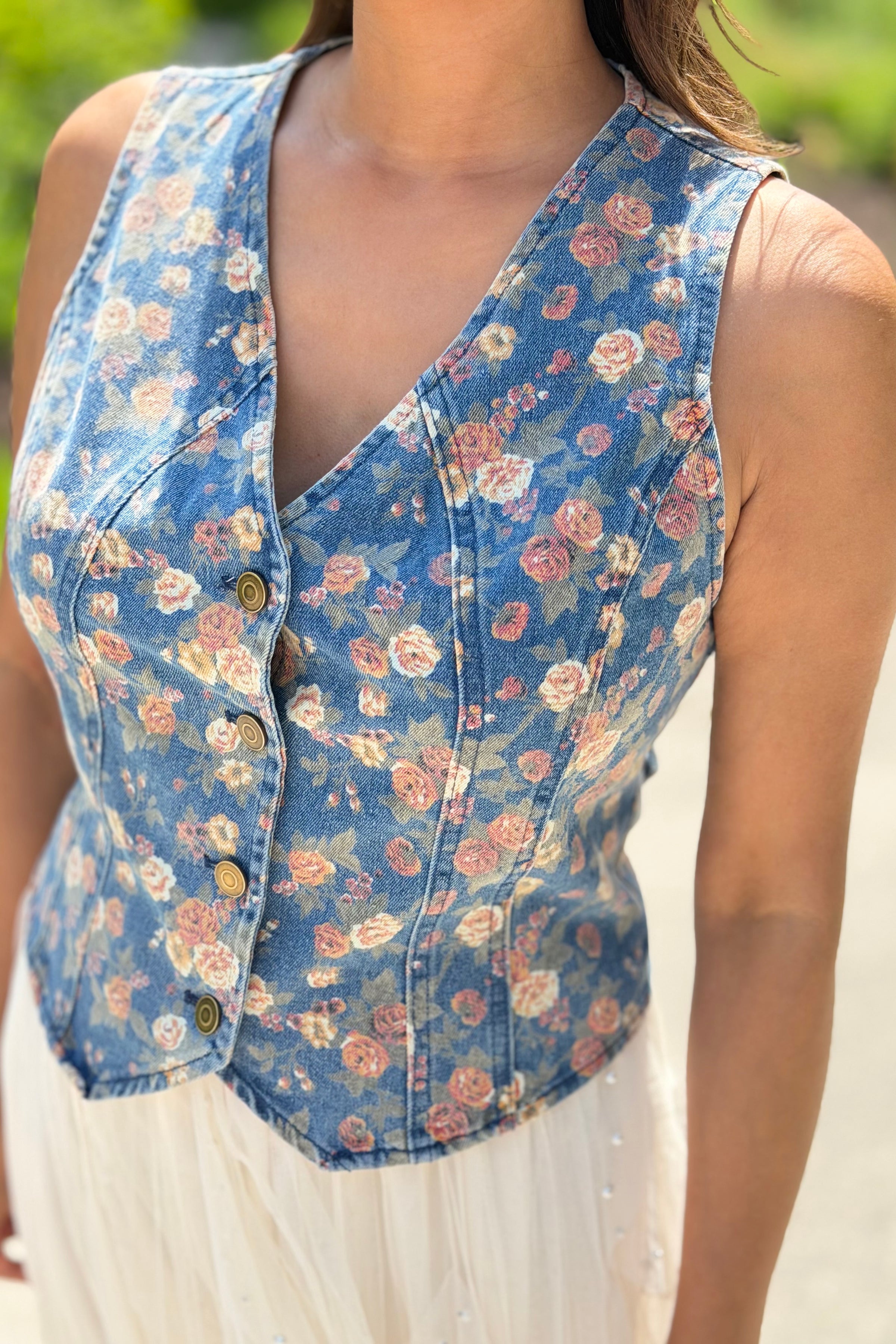 Ditsy Flower Printed Denim Vest