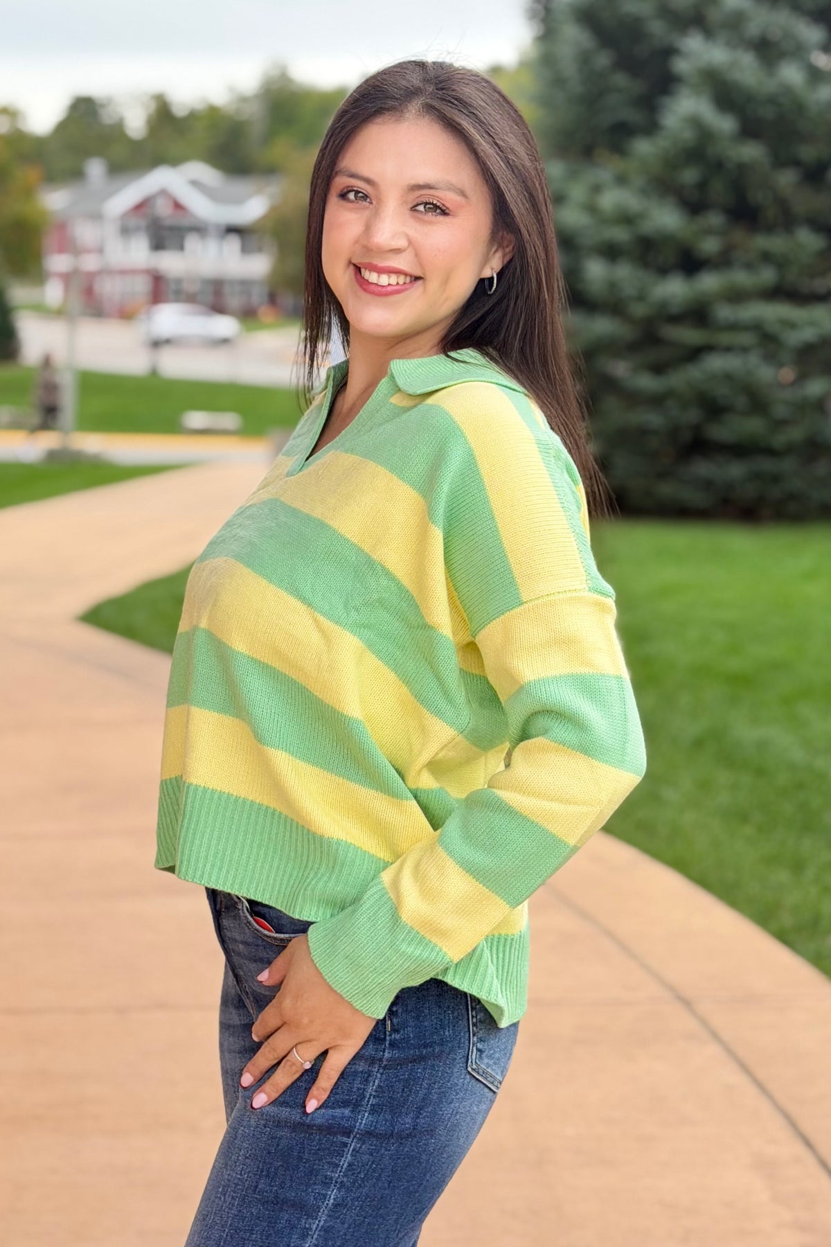 Striped Collared Sweater Top - Yellow