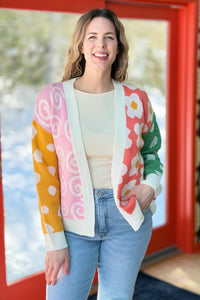 Abstract Open Cardigan Sweater - White
