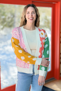Abstract Open Cardigan Sweater - White