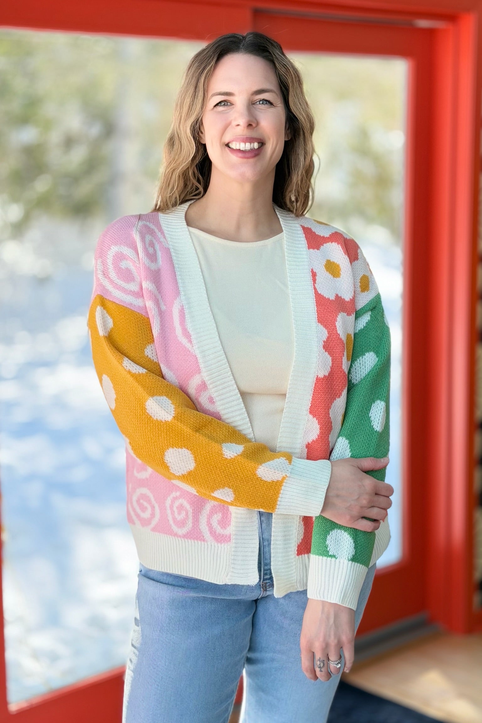 Abstract Open Cardigan Sweater - White