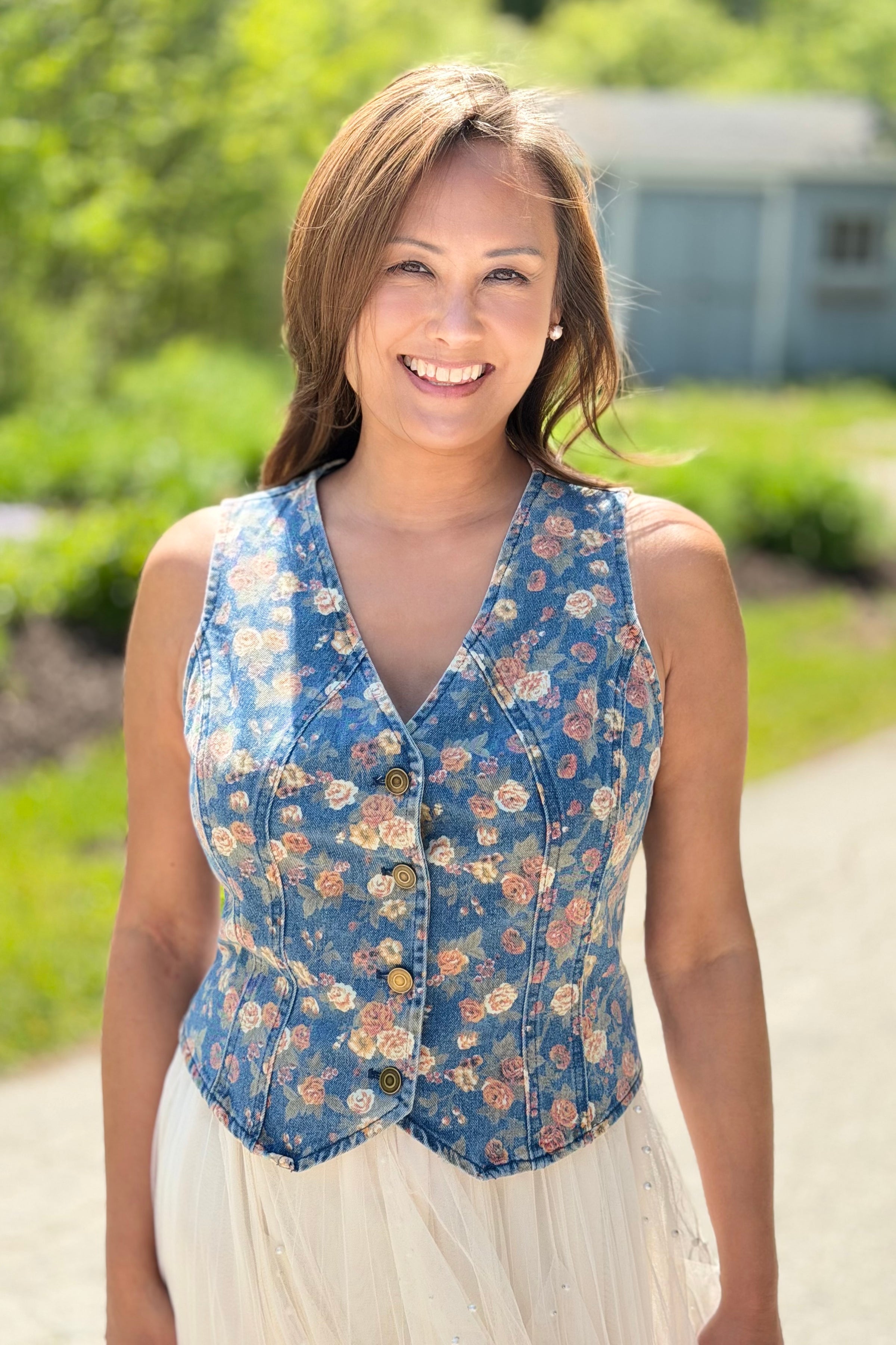 Ditsy Flower Printed Denim Vest