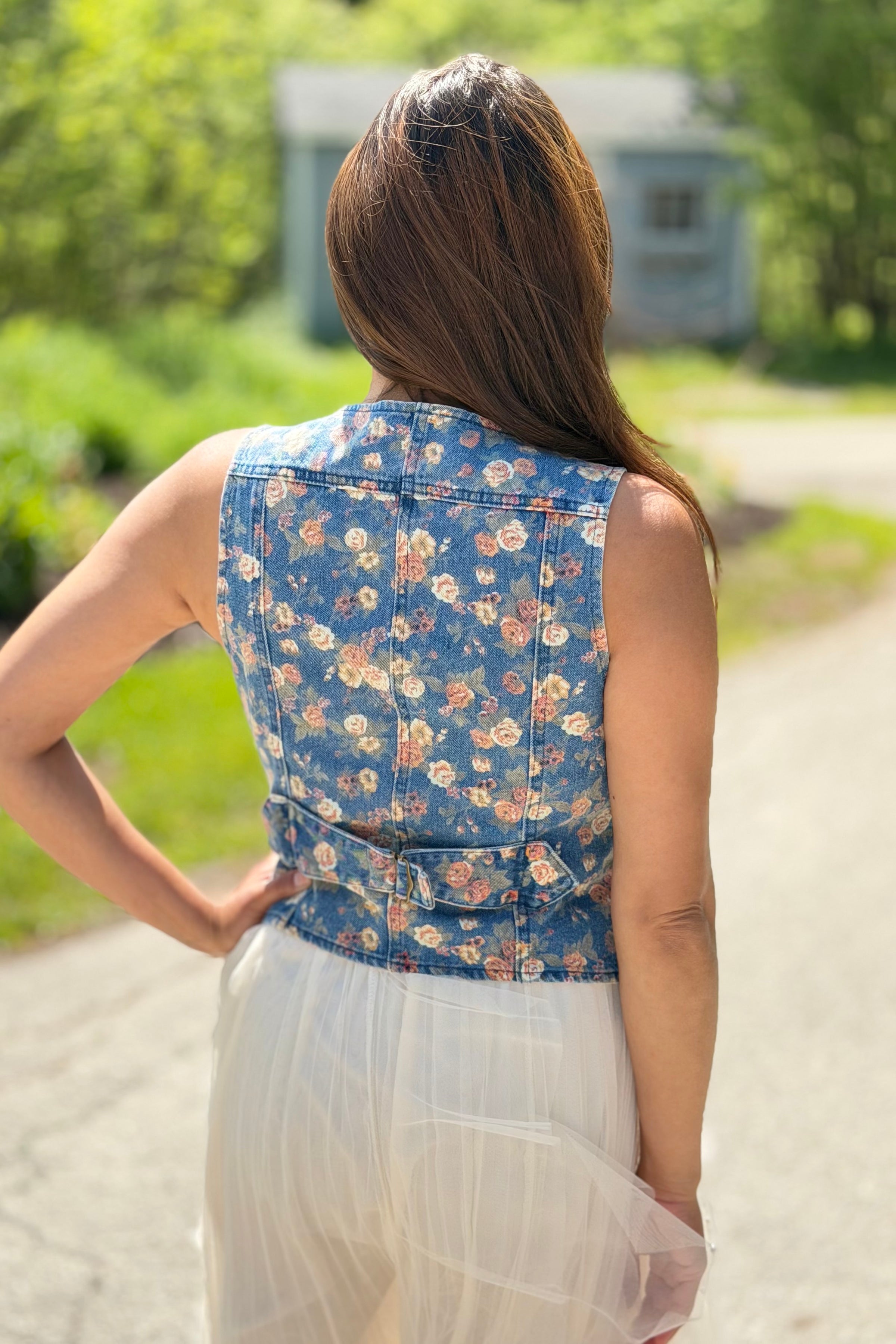 Ditsy Flower Printed Denim Vest