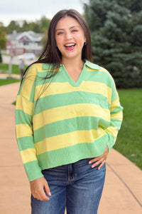 Striped Collared Sweater Top - Yellow