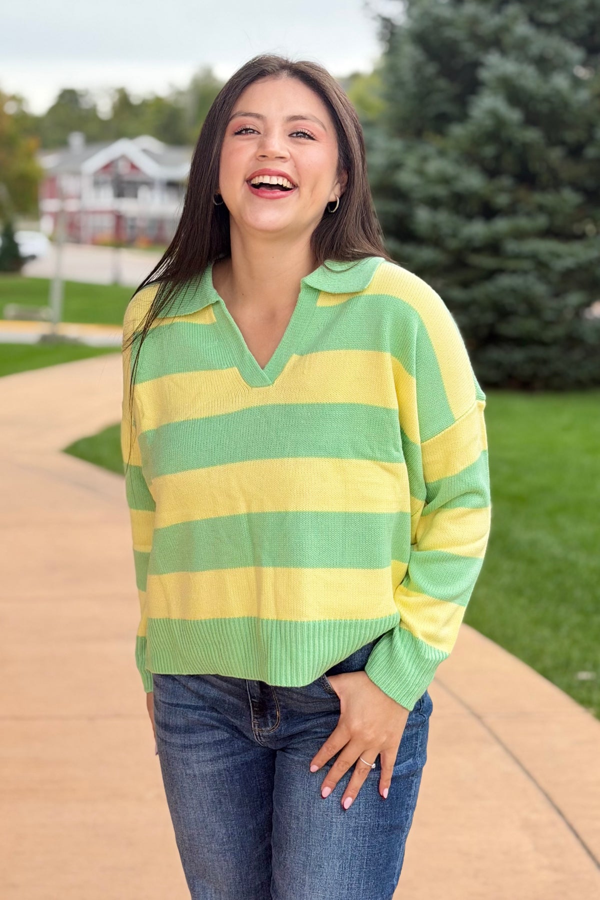 Striped Collared Sweater Top - Yellow