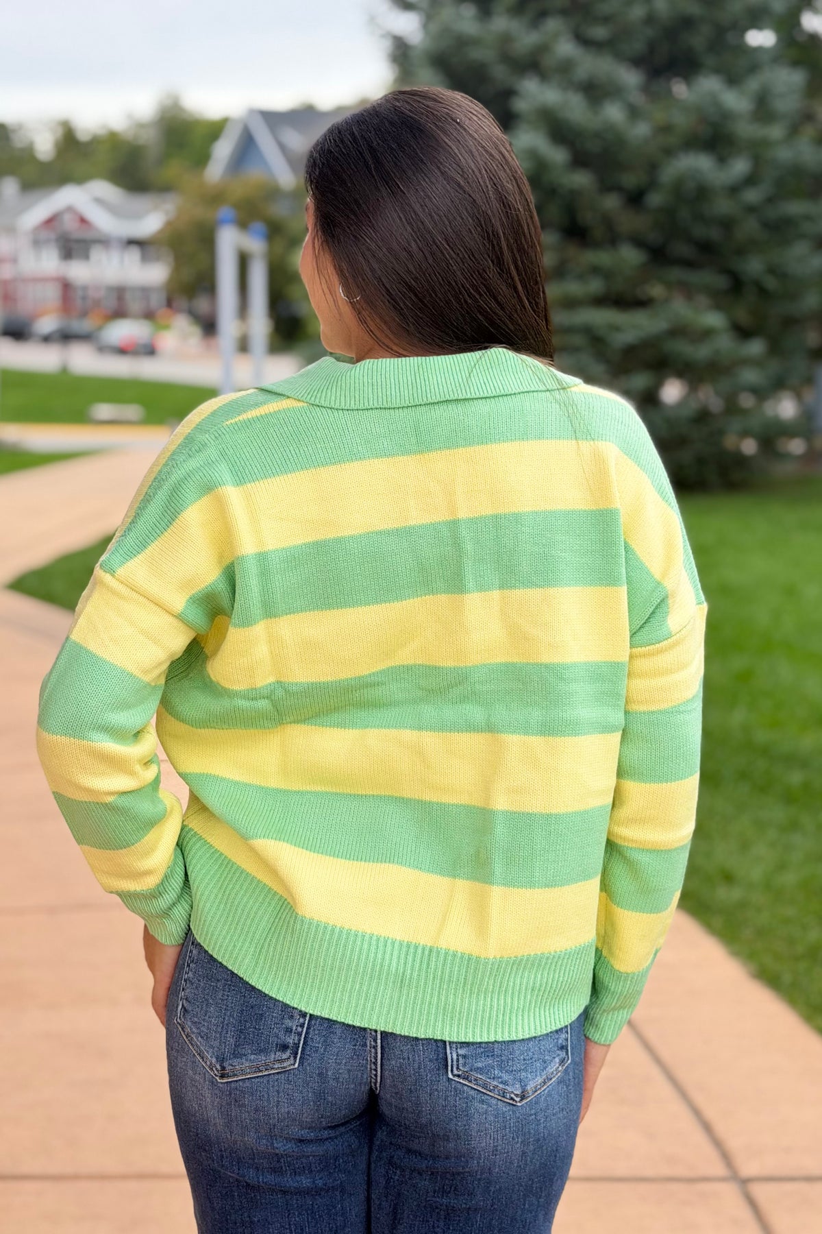 Striped Collared Sweater Top - Yellow