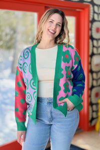 Abstract Open Cardigan Sweater - Green