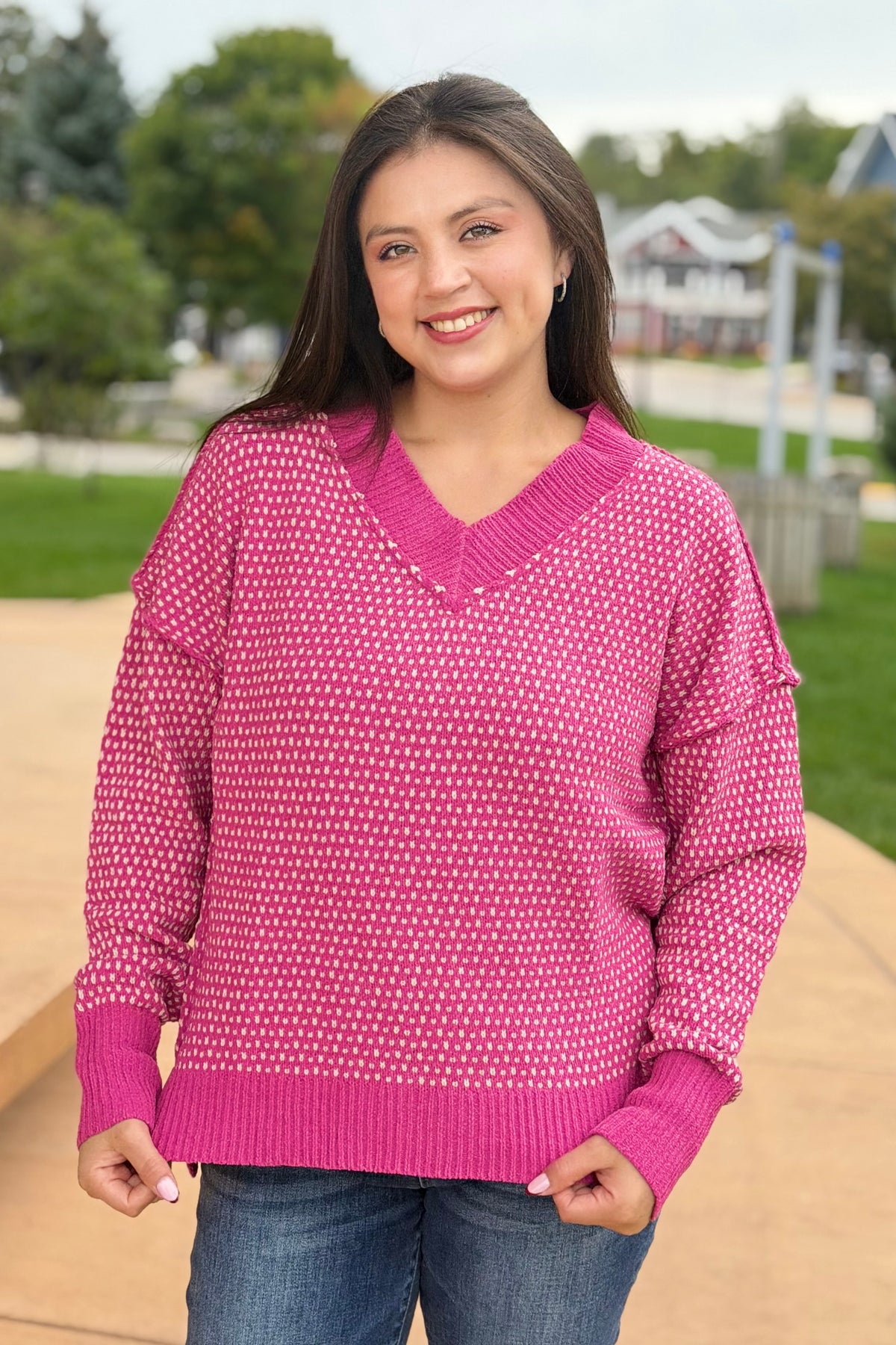 Contrast Stitch Reversible Sweater - Pink