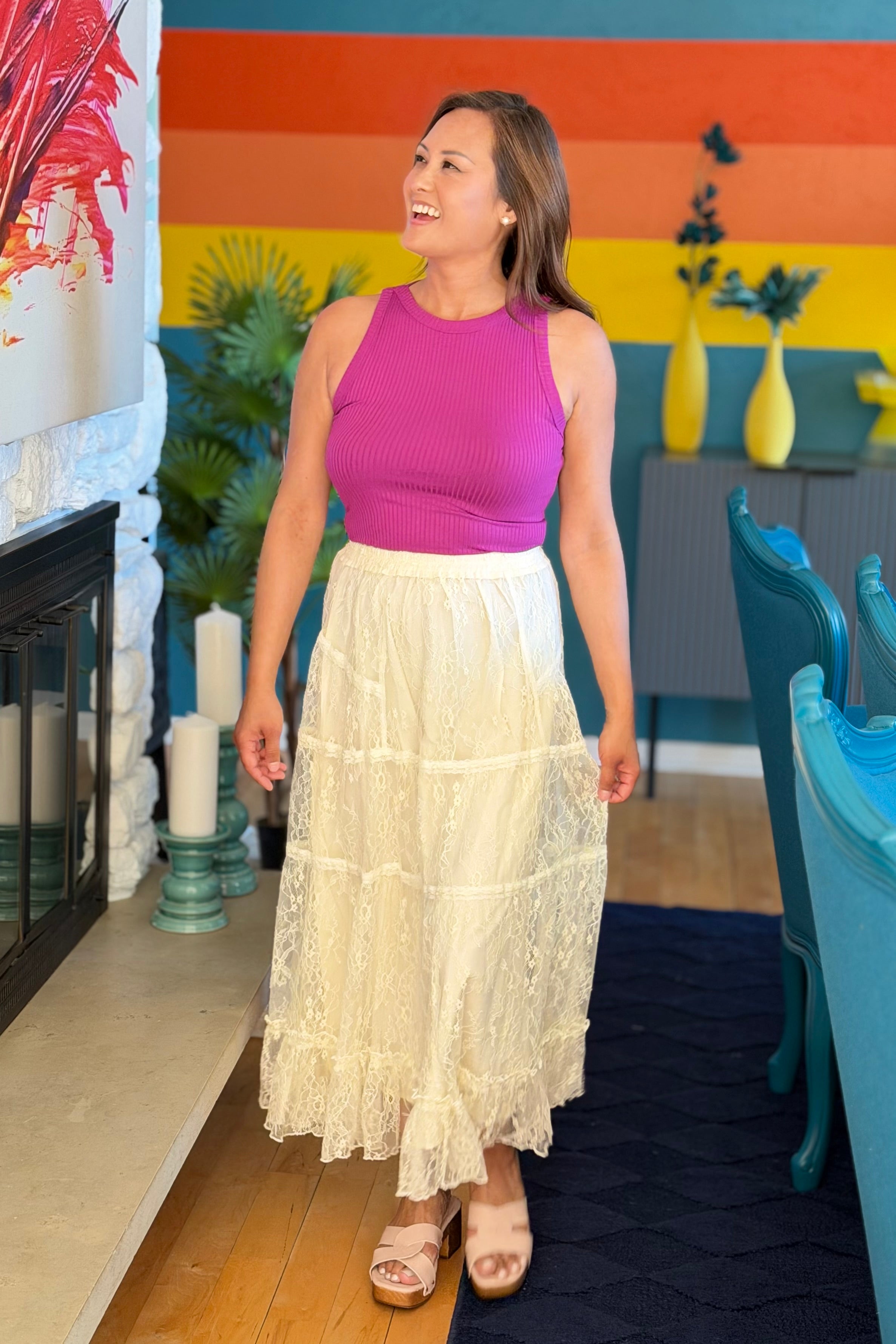 Tiered Lace Midi Skirt - Ecru