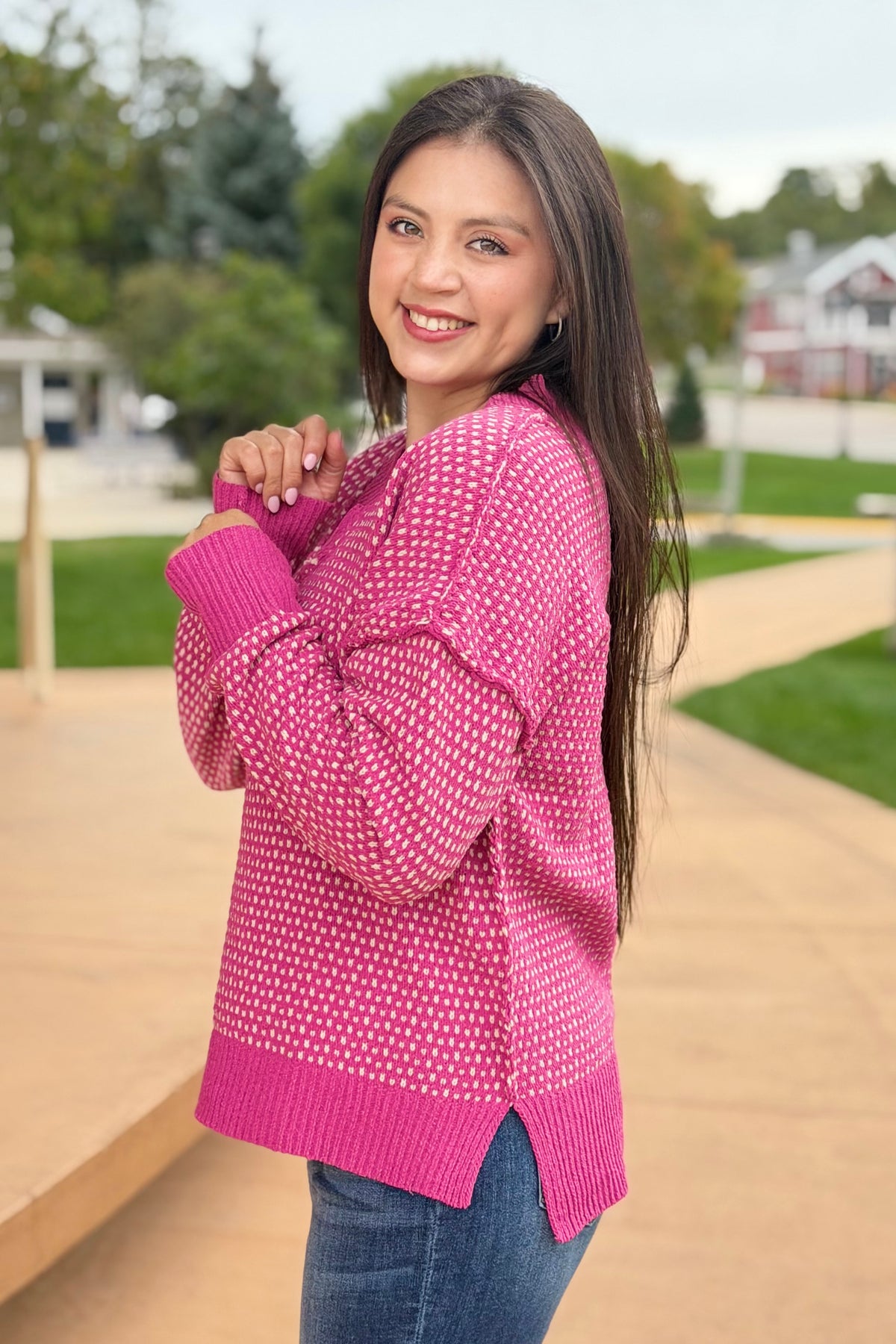 Contrast Stitch Reversible Sweater - Pink