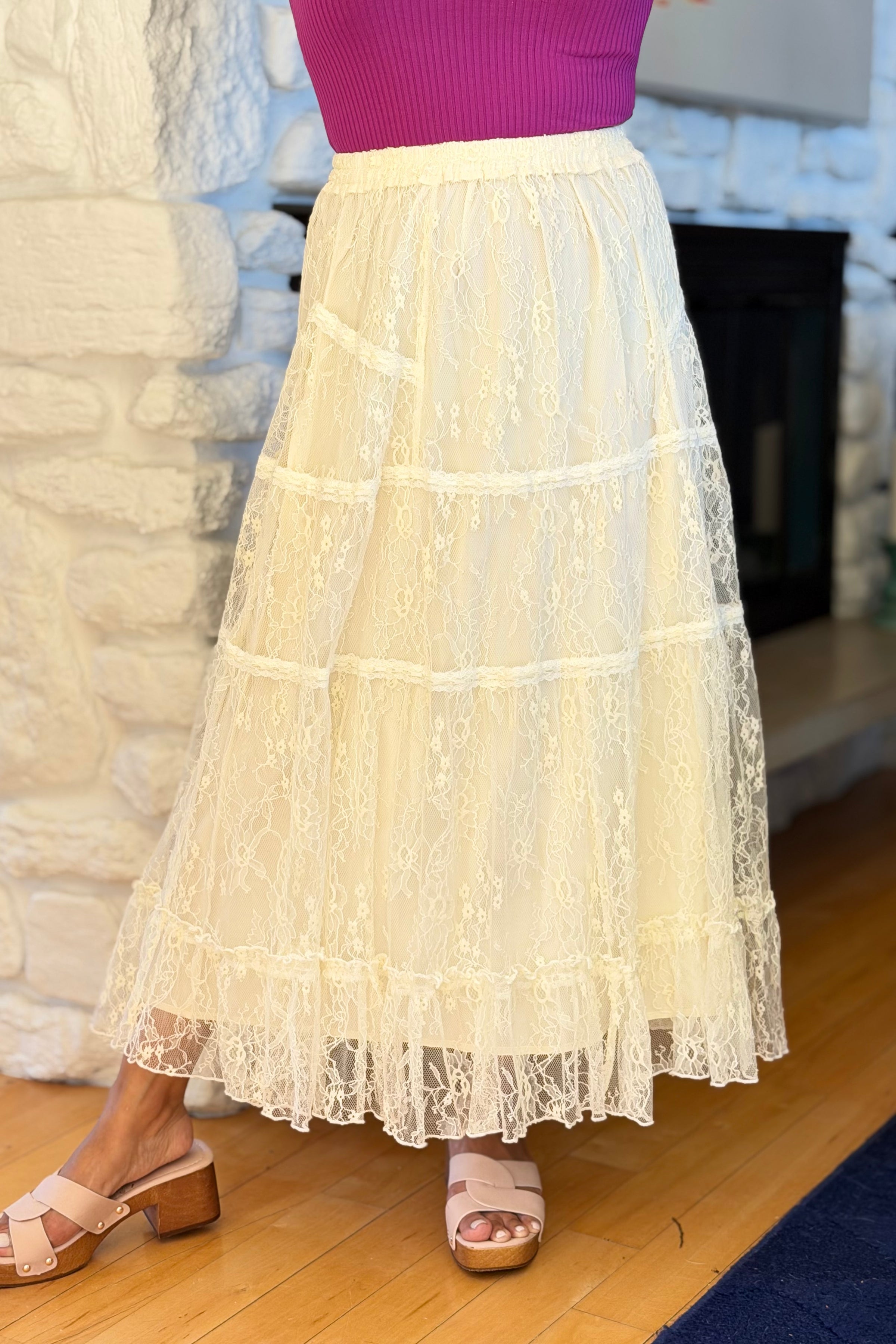 Tiered Lace Midi Skirt - Ecru