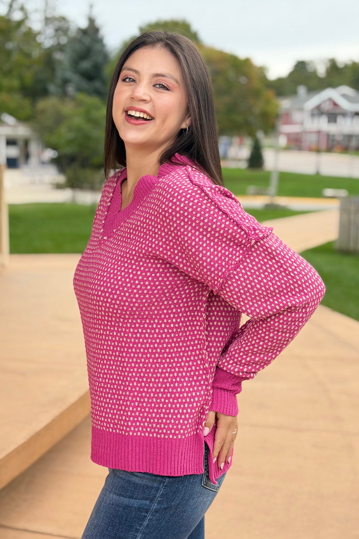 Contrast Stitch Reversible Sweater - Pink