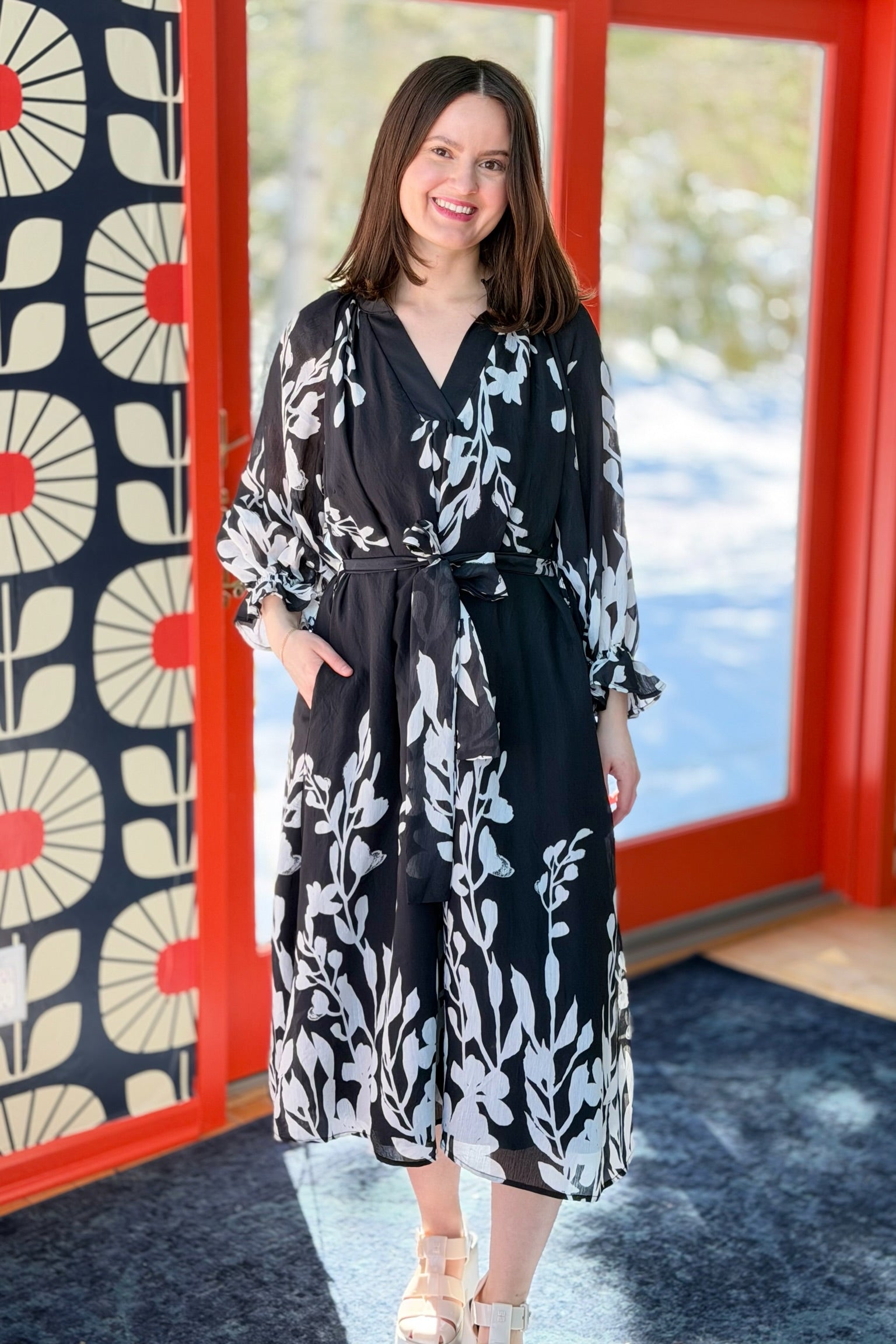 Black Floral Bubble Sleeve Maxi Dress
