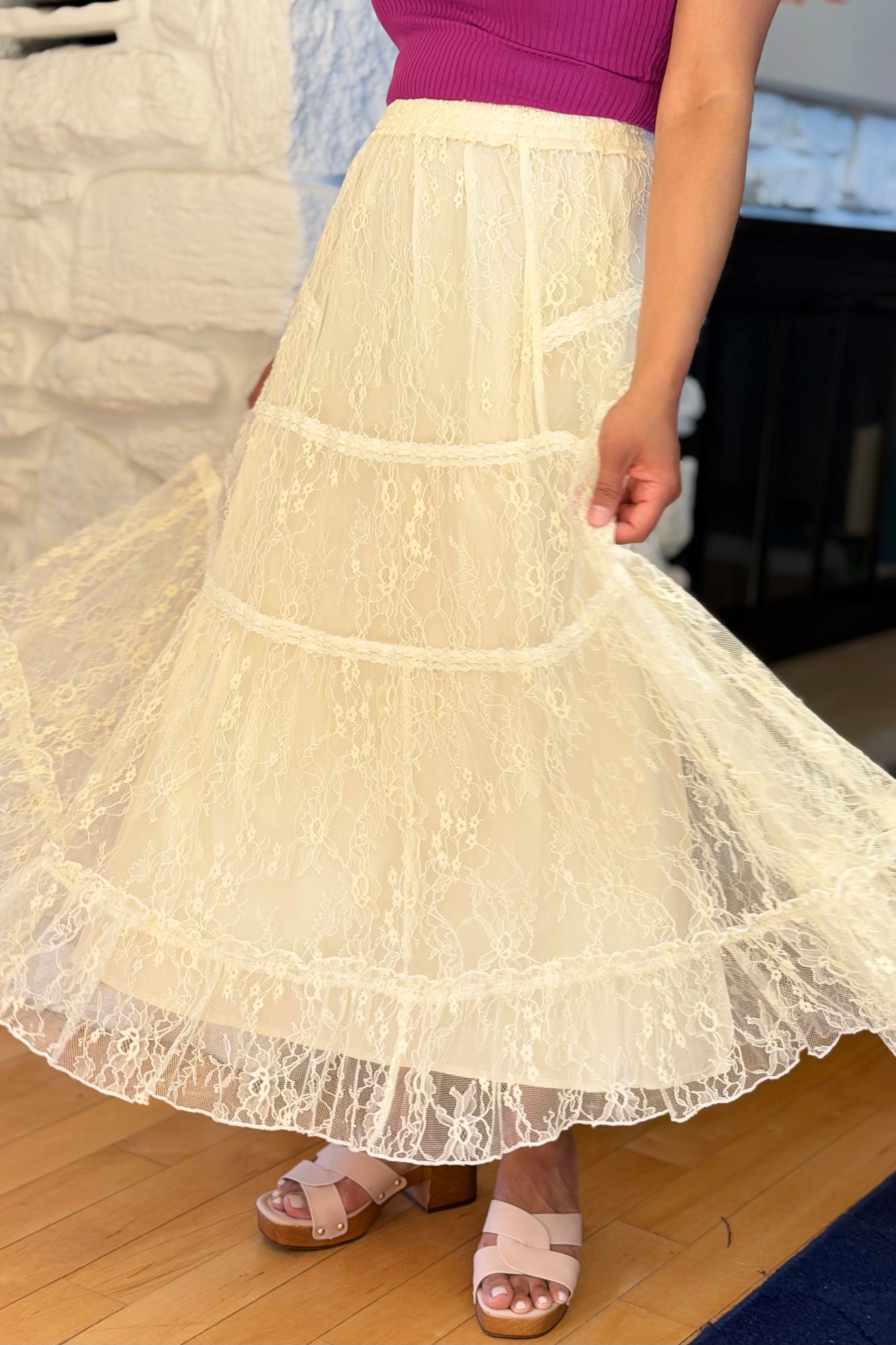 Tiered Lace Midi Skirt - Ecru
