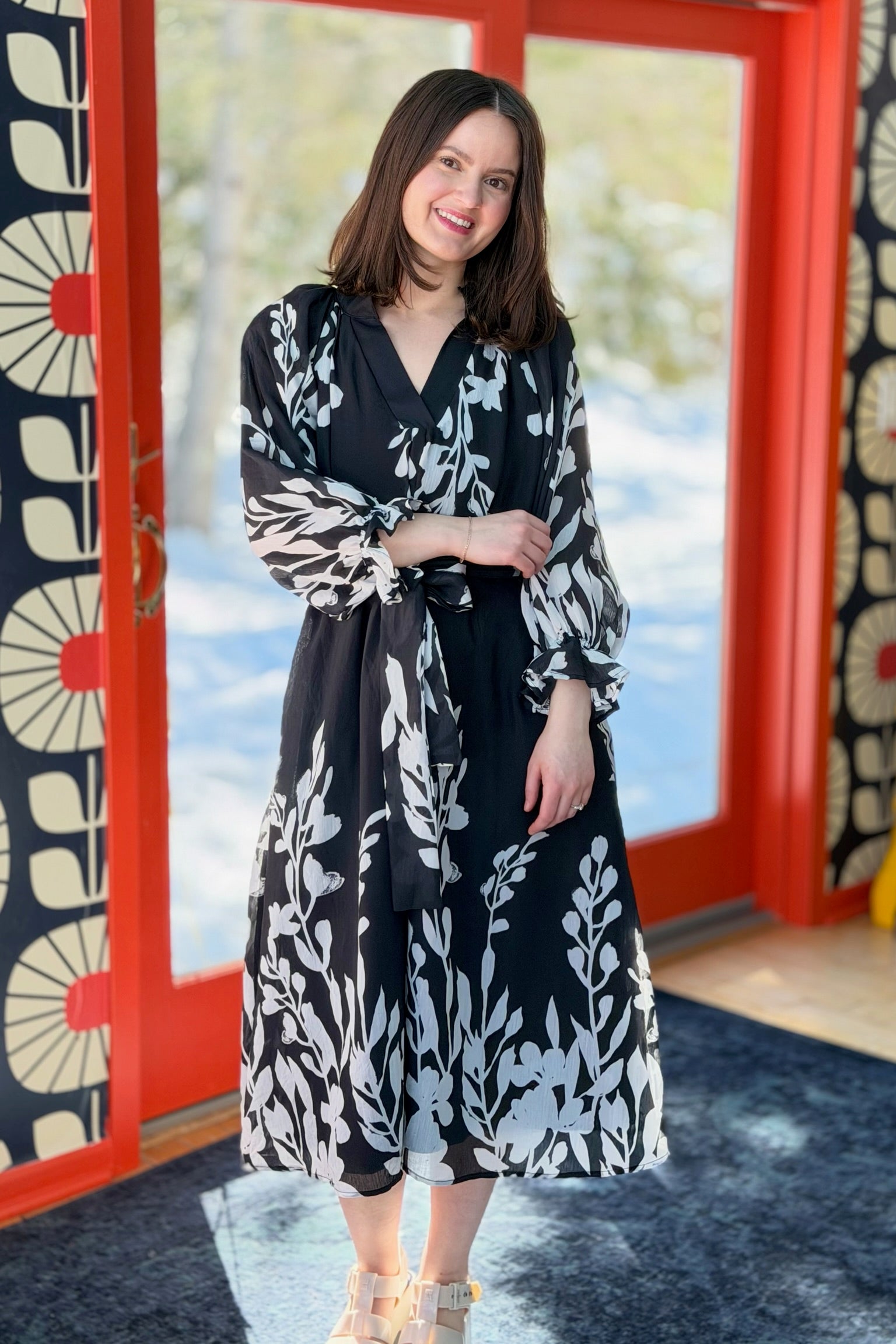Black Floral Bubble Sleeve Maxi Dress