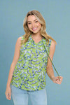 Cat Print Tie Neck Top Green