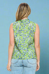 Cat Print Tie Neck Top Green