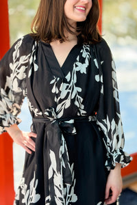 Black Floral Bubble Sleeve Maxi Dress