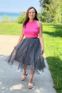 Beaded Pleated Mesh Skirt - Grey