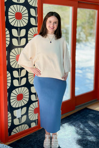 Ribbed Knit Midi Skirt - Gray Blue