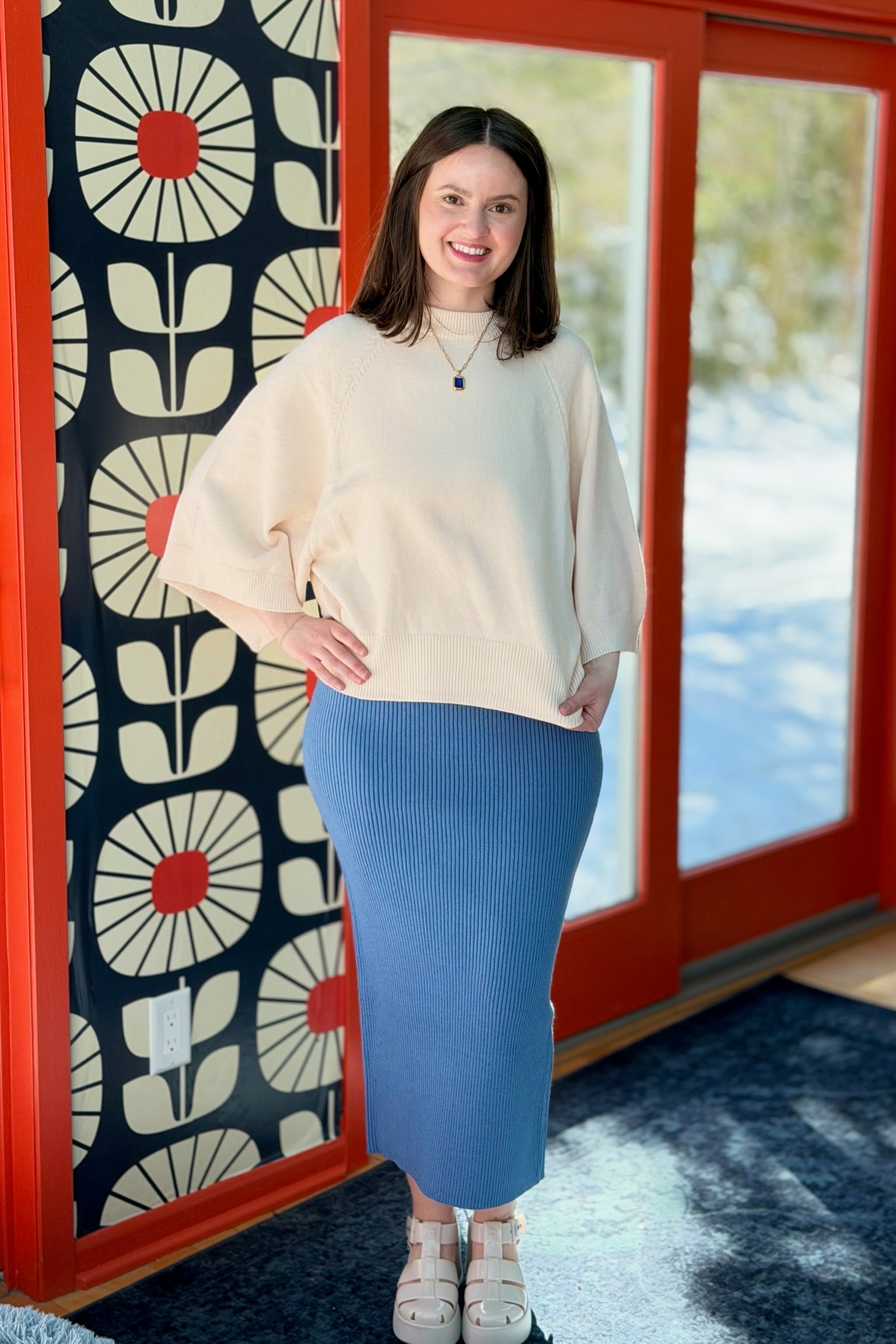 Ribbed Knit Midi Skirt - Gray Blue