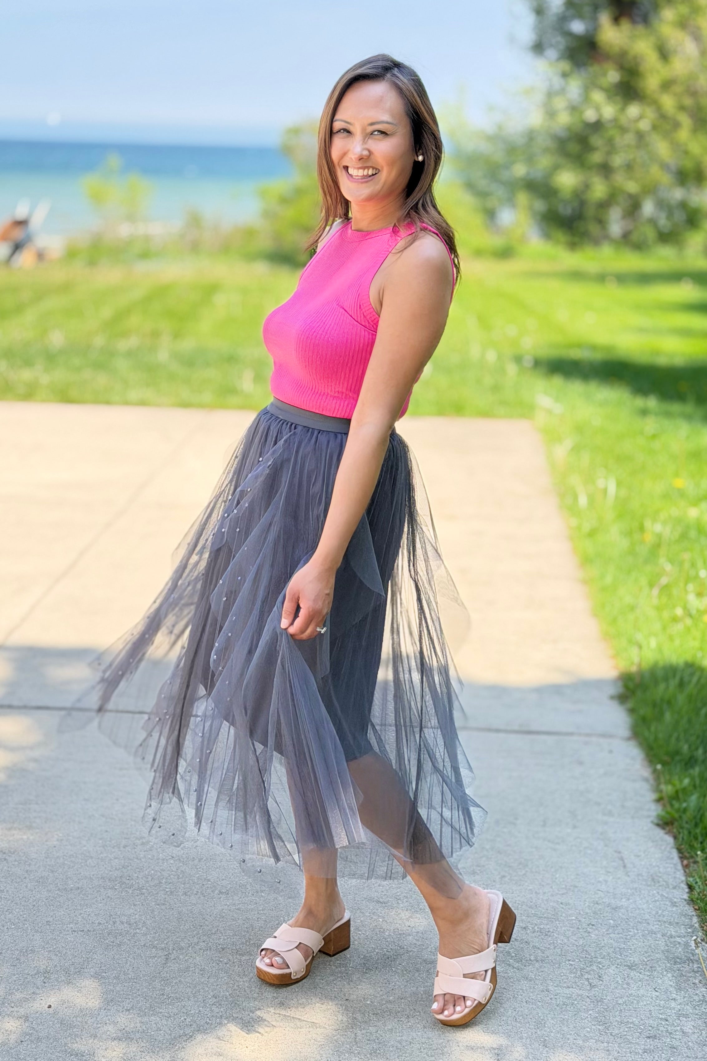 Beaded Pleated Mesh Skirt - Grey