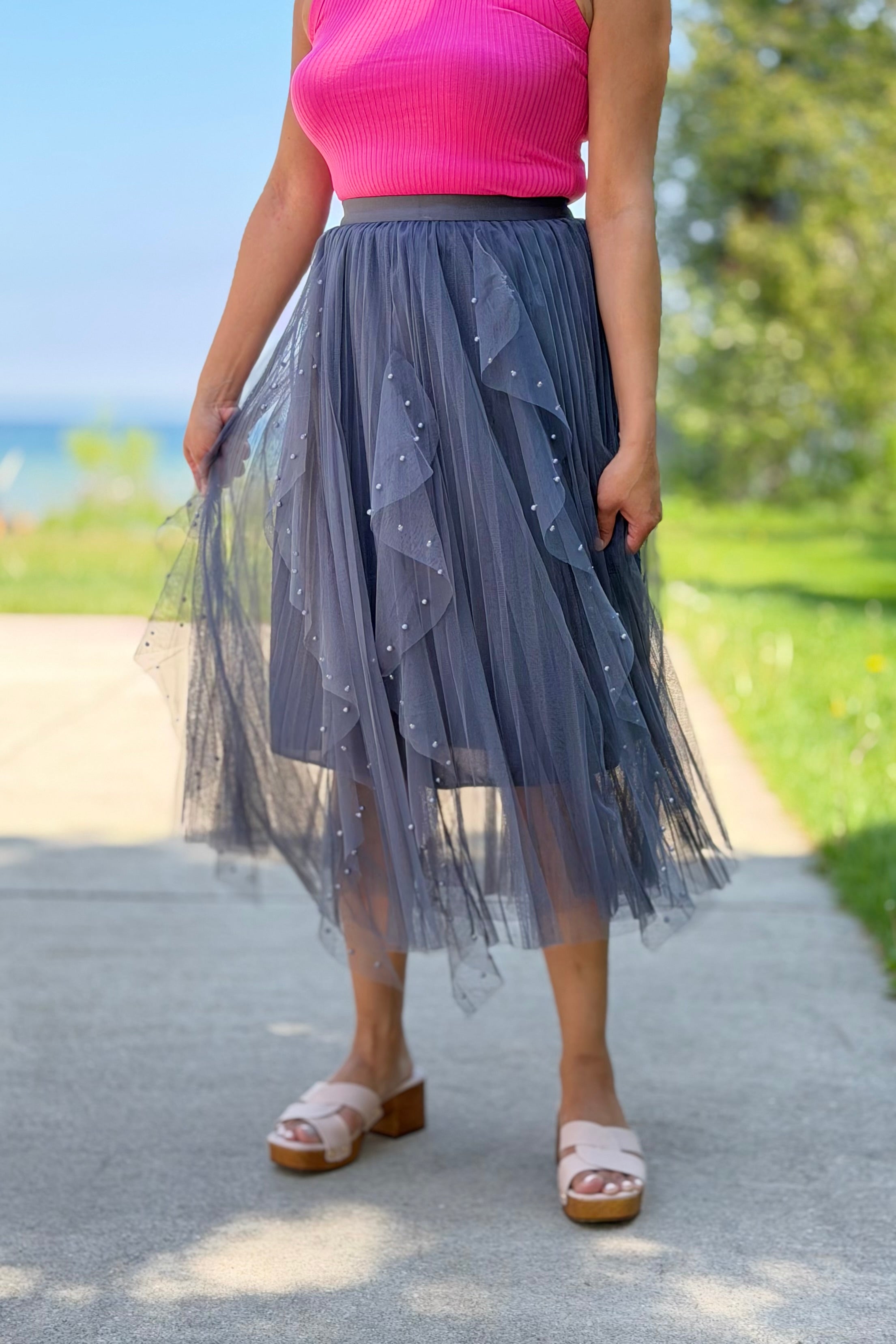 Beaded Pleated Mesh Skirt - Grey