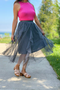 Beaded Pleated Mesh Skirt - Grey