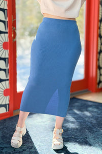 Ribbed Knit Midi Skirt - Gray Blue