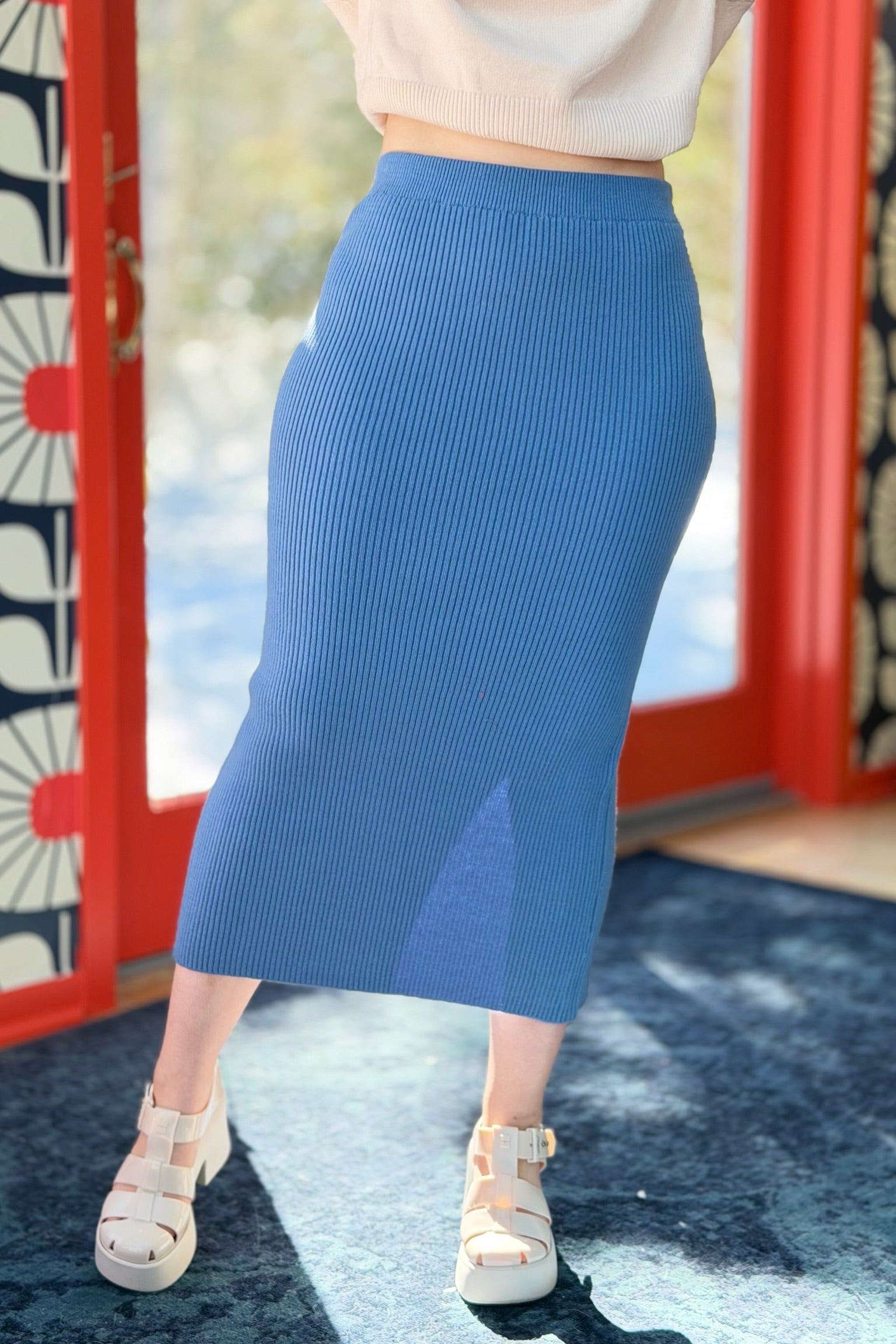 Ribbed Knit Midi Skirt - Gray Blue