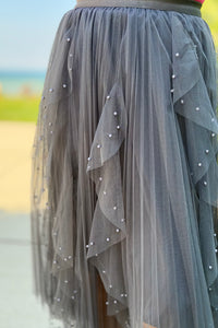 Beaded Pleated Mesh Skirt - Grey