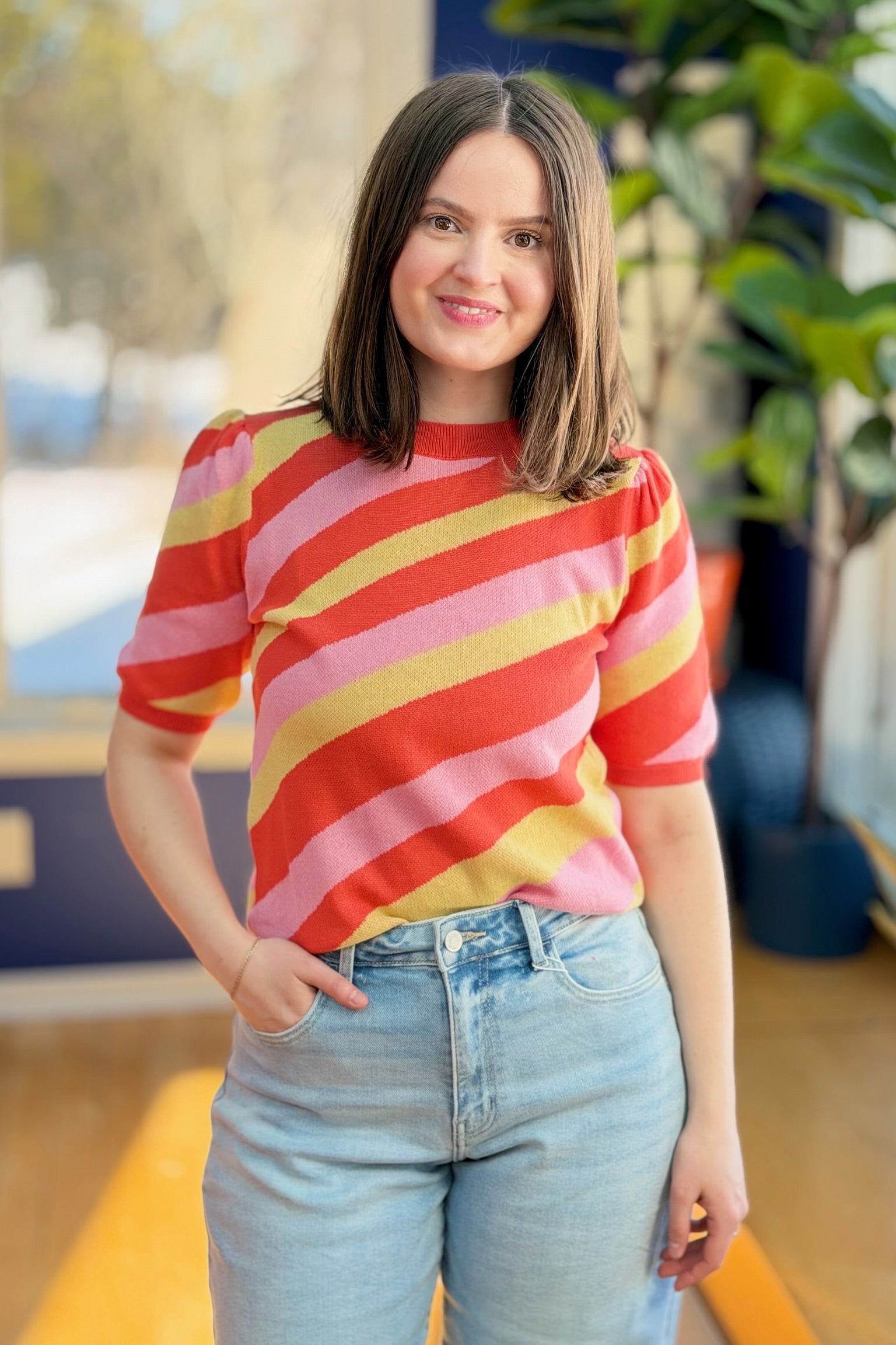 Stripe Short Puff Sleeve Sweater