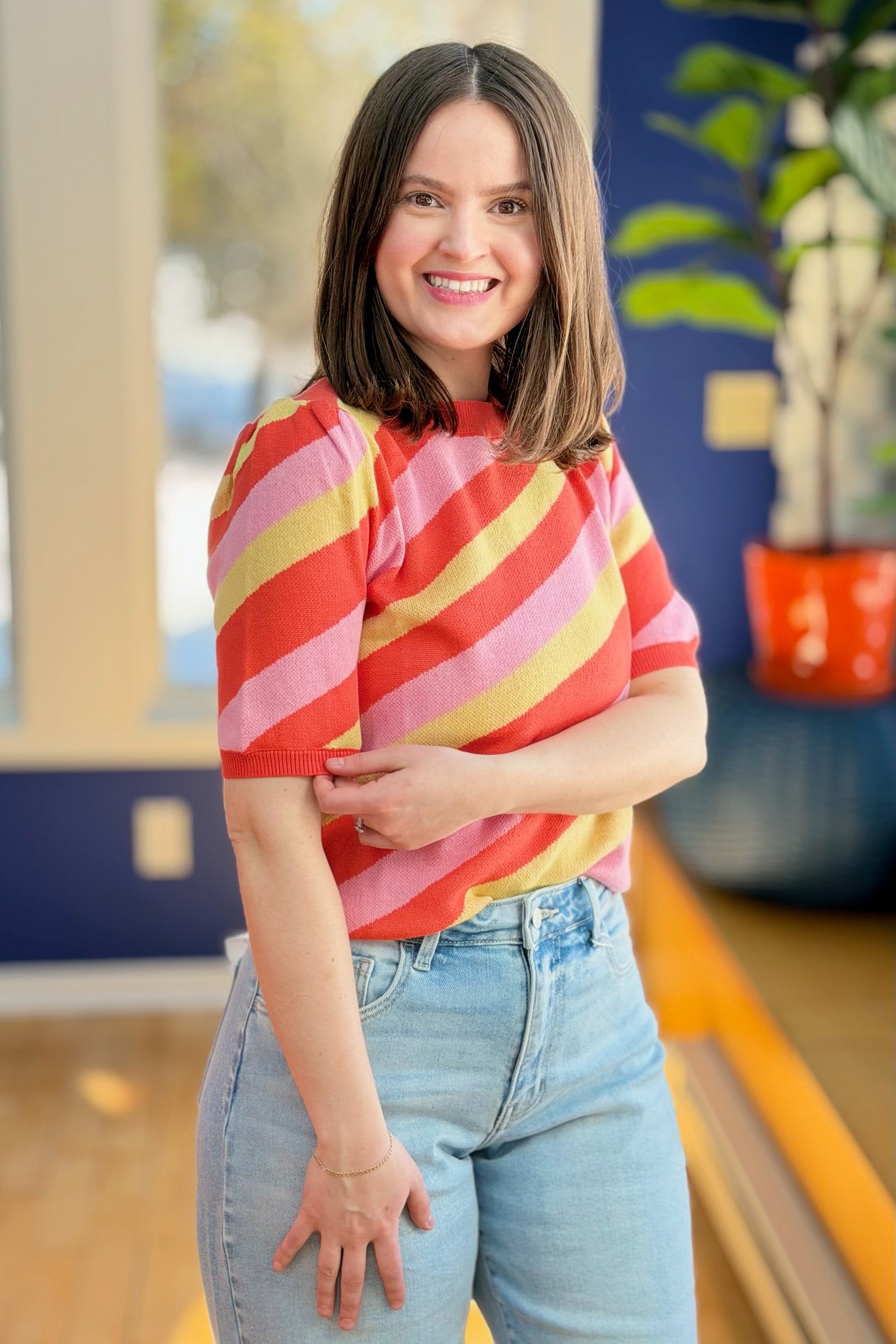 Stripe Short Puff Sleeve Sweater
