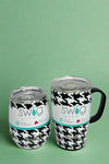 An image of a Swig mugs in a black and white houndstooth pattern. It is insulated, with a stainless steel body and a spill-resistant lid.