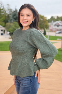 Cable Knit Peplum Sweater - Hunter Green