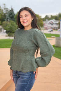 Cable Knit Peplum Sweater - Hunter Green