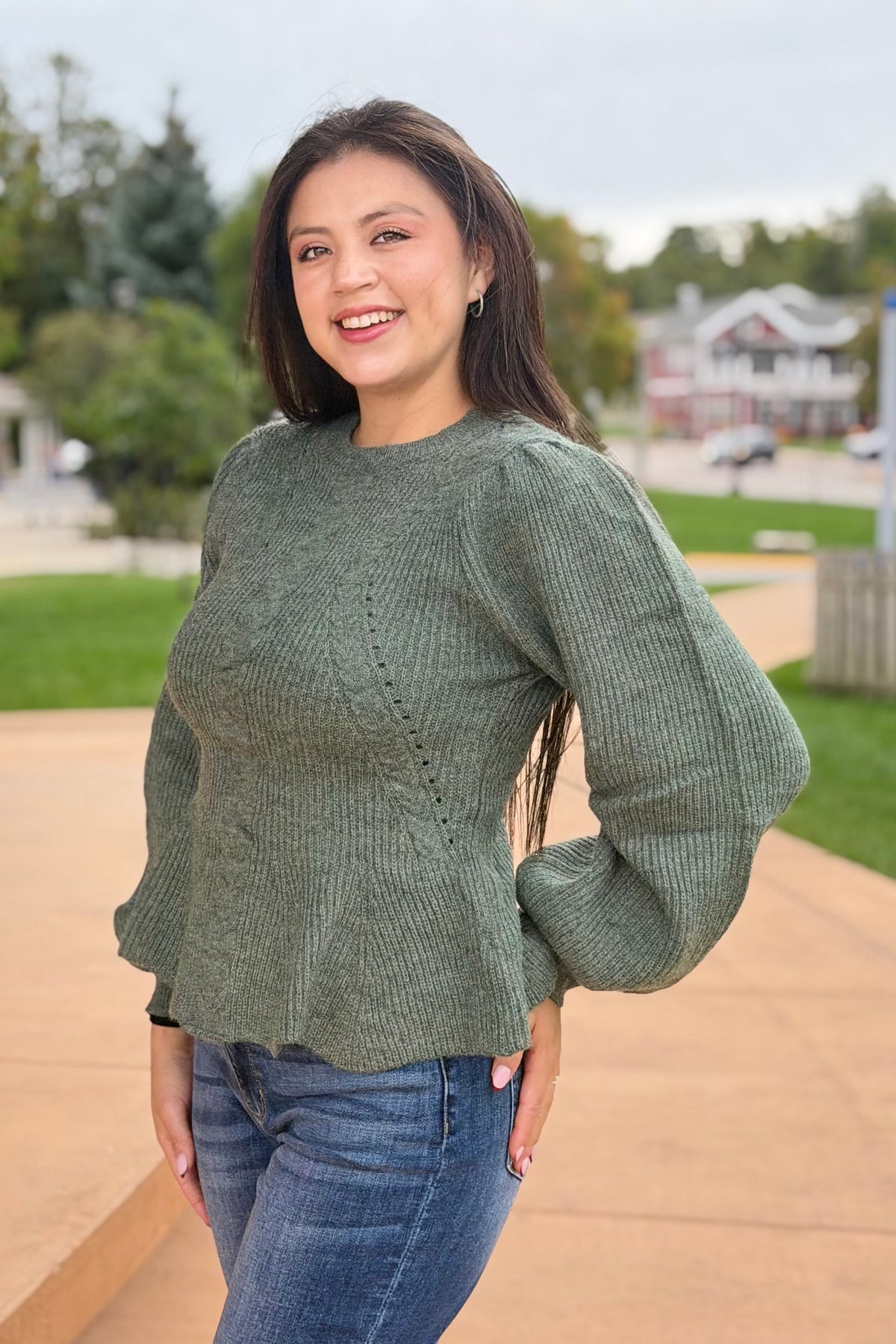 Cable Knit Peplum Sweater - Hunter Green