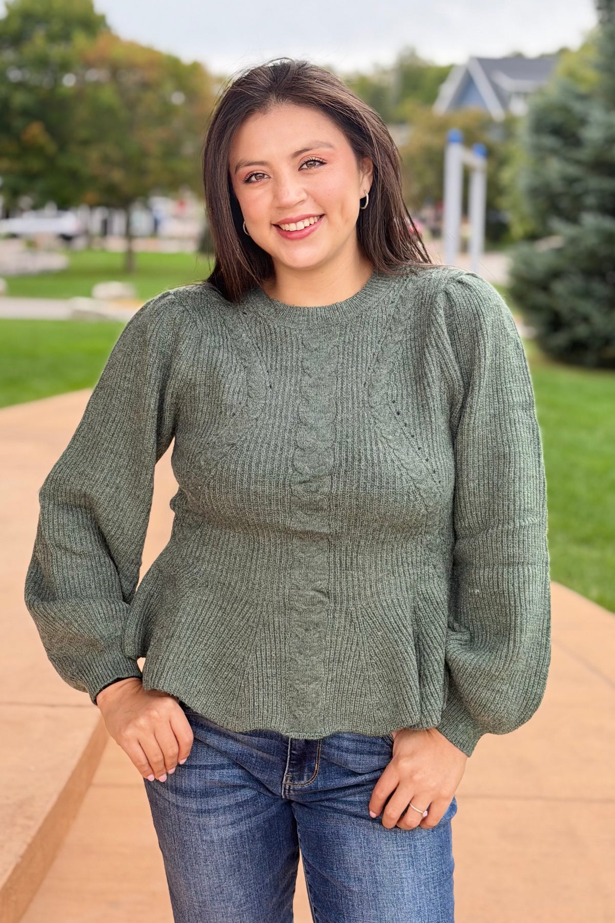 Cable Knit Peplum Sweater - Hunter Green